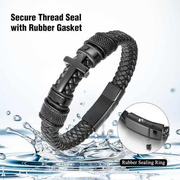 Men's Stainless Steel Leather Ashes Memorial Bracelet Cross Style Secure Keepsak - Picture 5 of 7